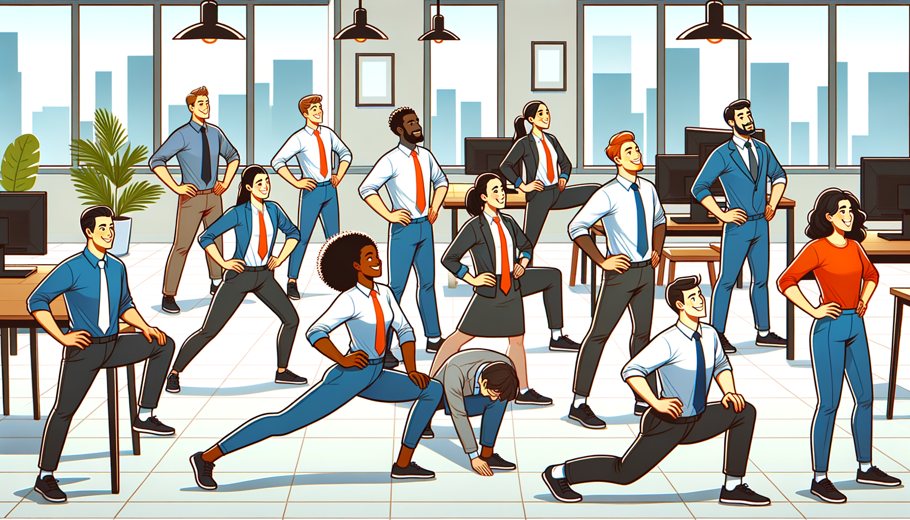 Team bei gemeinsamer Fitness-Aktivität im Büro