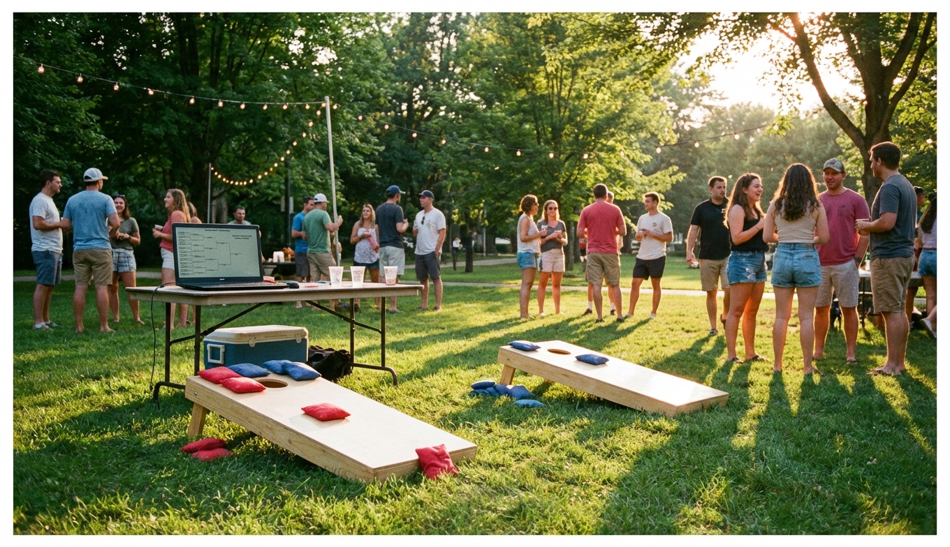 Outdoor cornhole tournament setup with boards and bean bags