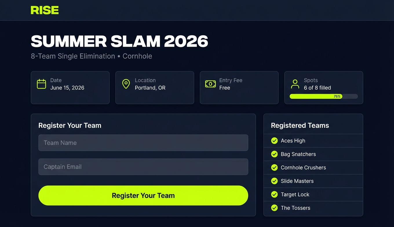 Tournament registration page with sign-up form