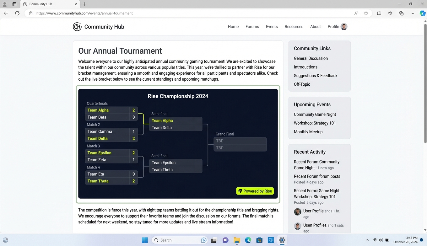 Tournament bracket widget embedded on a website