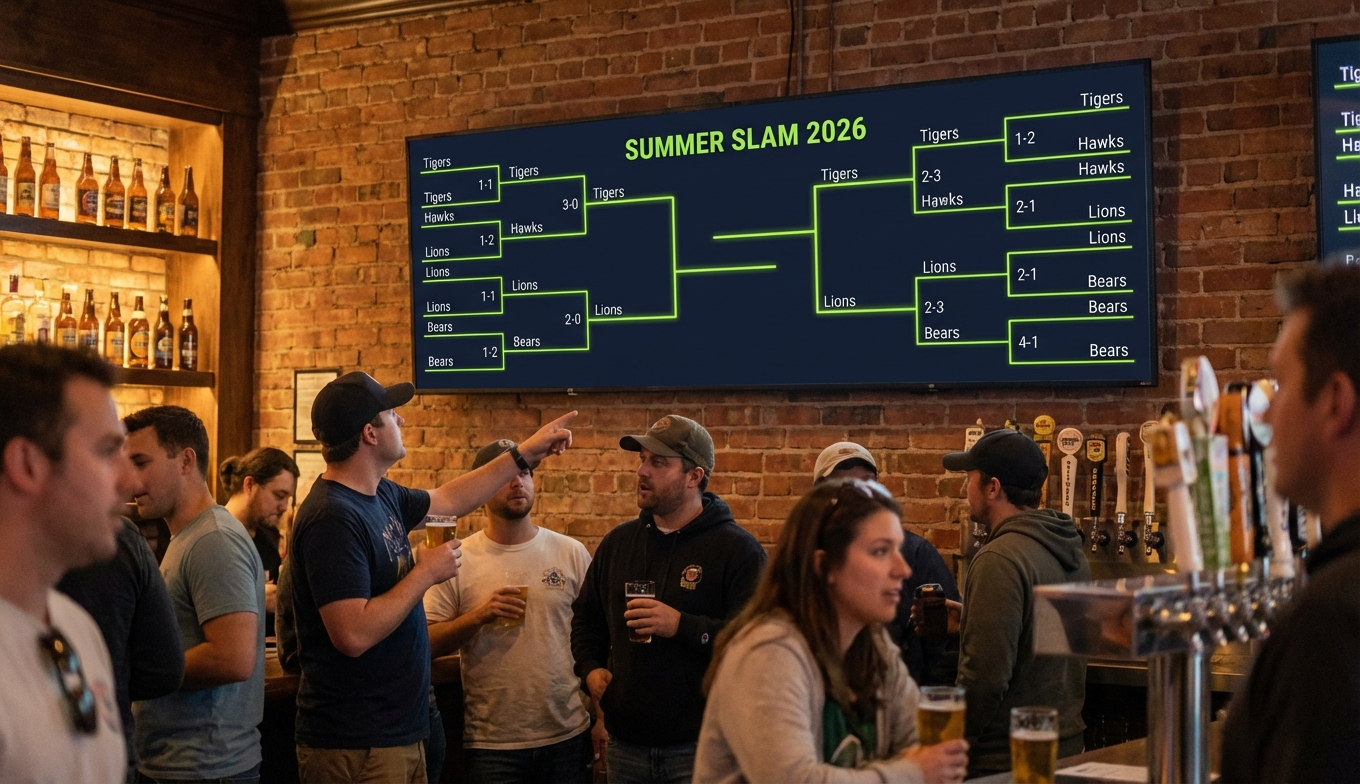 Bar with TV showing tournament bracket for beer pong