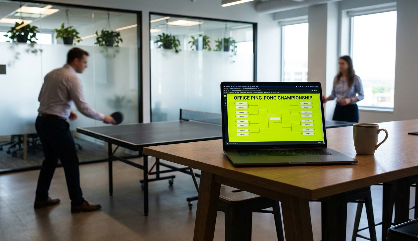 Office break room with ping-pong table and bracket on laptop