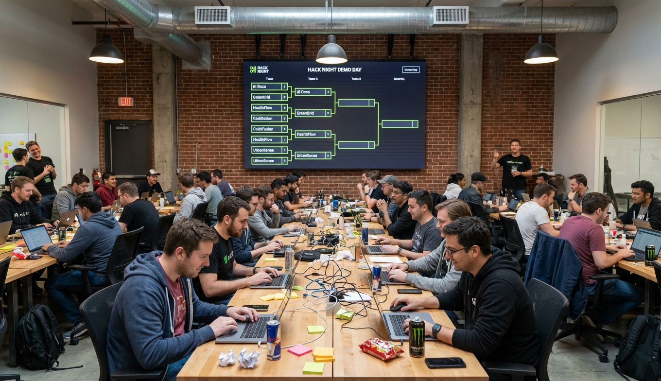 Hackathon event with bracket on large monitor