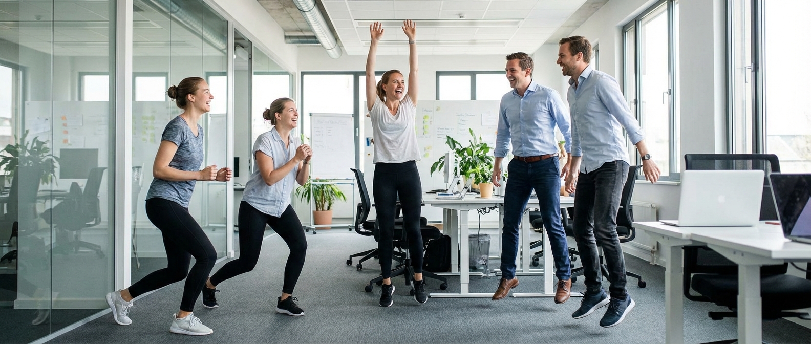 Team bei gemeinsamer Fitness-Aktivität im Büro