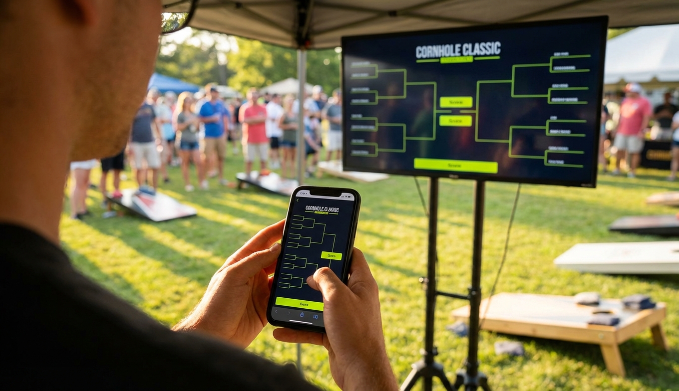 Person controlling bracket from phone at cornhole tournament
