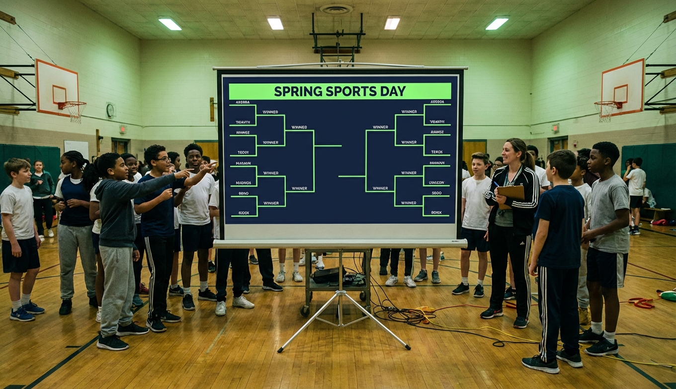 School gymnasium with bracket projected on screen